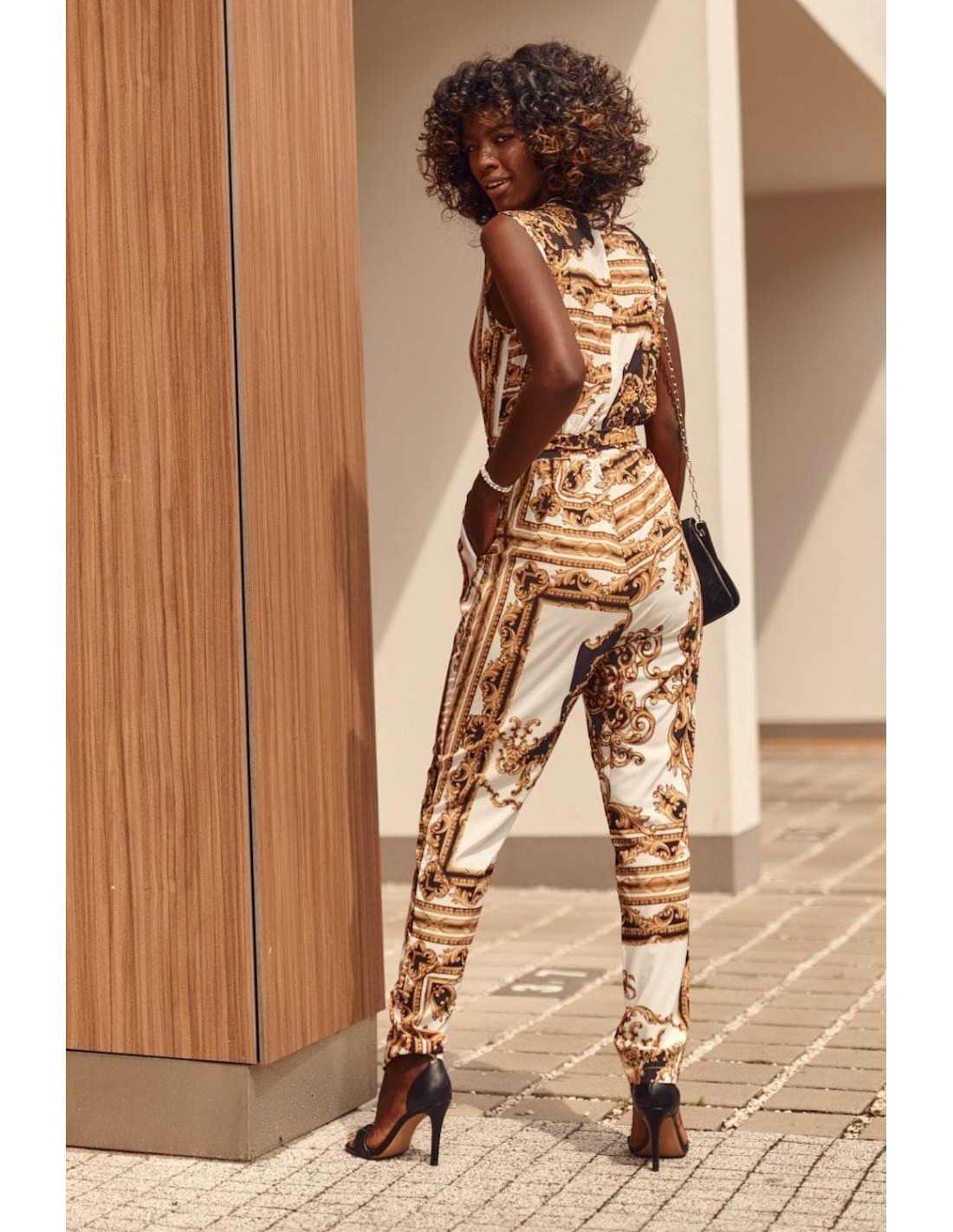 Patterned jumpsuit with a wrap neckline, cream and mustard 70000 - Online store - Boutique